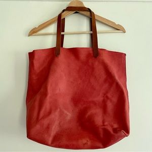 Madewell transport tote bright red with brown strap